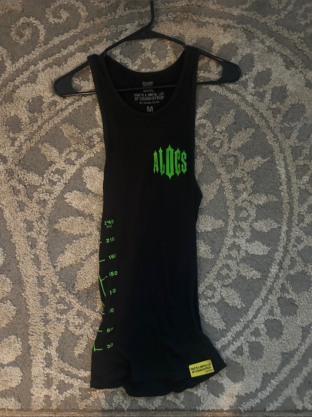 Black Ribbed Tank with Neon Green 'ALOES' Graphic
